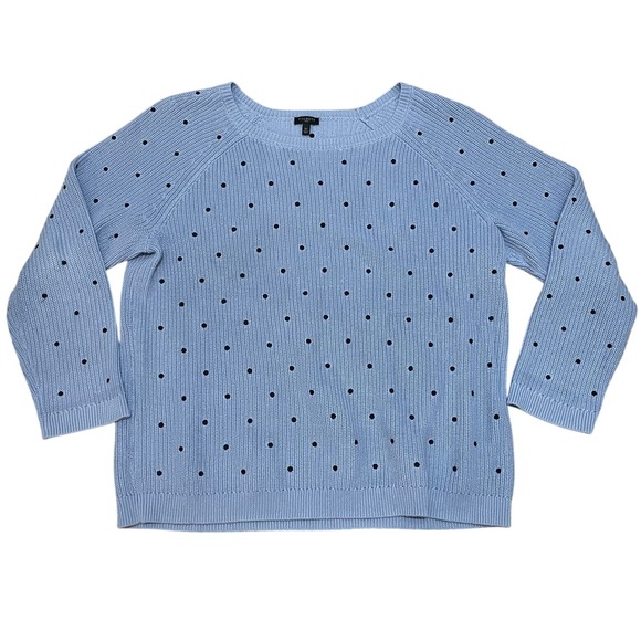 Talbots Women's 2X Light Blue w/ Black Polka Dot 3/4 Sleeve Knit Cotton Sweater - Picture 1 of 4